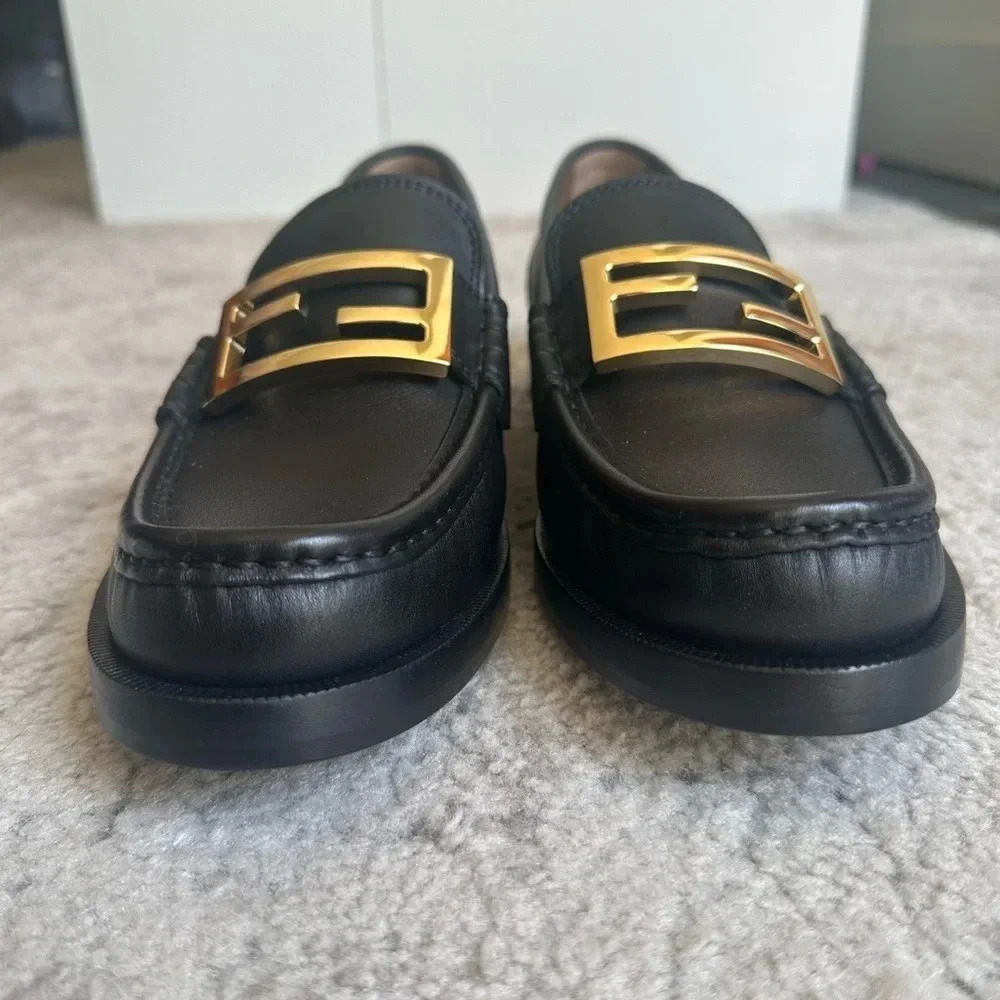 New Fendi Black Slip On Baguette Loafer with Gold Monogram Buckle SIZE 10.5 - Picture 8 of 14